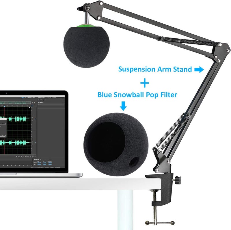 SUNMON Mic Stand with Foam Windscreen For Blue Snowball, Suspension Boom Scissor Arm Stand with Pop Filter Cover for Microphones iCE USB Mic by - Image 2